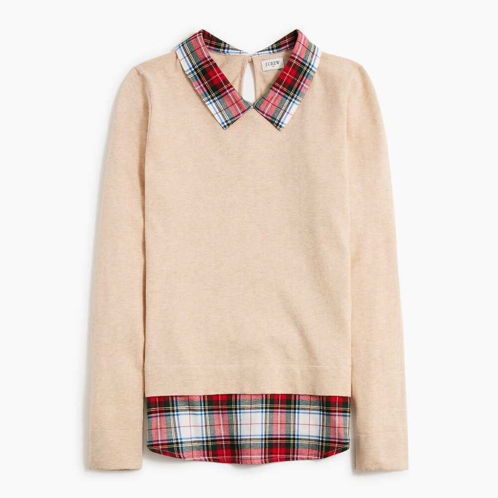 J.Crew Cream Plaid Flannel Woven Collar Sweater Size Medium 41968